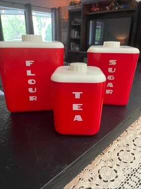 Lustro*Ware Red Vintage Kitchen Canister Set - Flour Tea Sugar